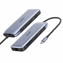 Мульти Хаб UGREEN CM274 DisplayPort / HDMI / VGA / SD / microSD / 2 x USB 3.0 / RJ45 Ethernet / USB Type-C PD серый (70301) 