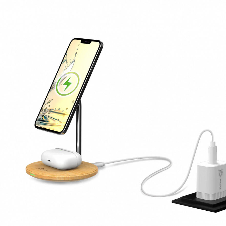 Беспроводное зарядное устройство j5create Wood Grain 2-in-1 Magnetic Wireless Charging Stand дерево (JUPW2106)