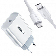 Сетевое зарядное устройство Ugreen CD137 (50698) PD 20W Fast Charger Set  с кабелем USB-C - Lightning белое