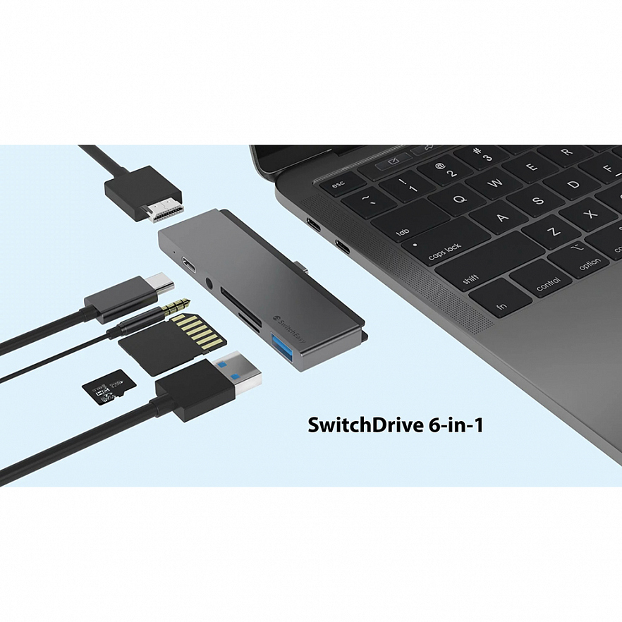 Хаб SwitchEasy SwitchDrive 6 in 1 USB-C HUB USB Type-C / mini jack 3.5 мм / MicroSD / SD / USB / HDMI серый космос (GS-105-202-253-101)