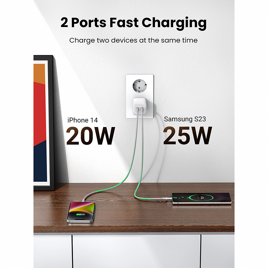 Сетевое зарядное устройство UGREEN CD294 Nexode Mini USB-C + USB-C 45W PD GaN Fast Charger белое (15327)