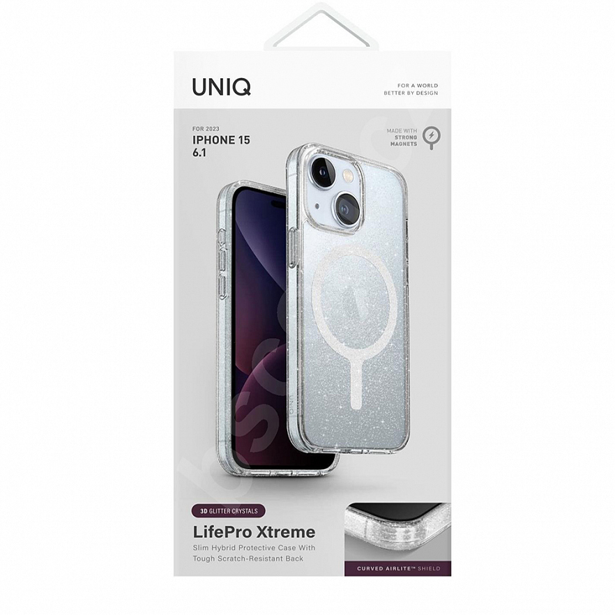Чехол Uniq Lifepro Xtreme MagSafe для iPhone 15 прозрачный с блёстками (Tinsel)