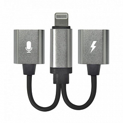 Разветвитель Double Lightning Audio / Charge для iPhone серебро (с черным проводом)