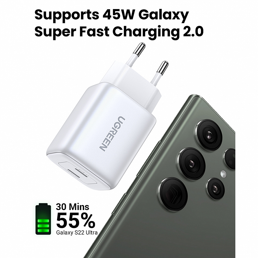 Сетевое зарядное устройство UGREEN CD294 Nexode Mini USB-C + USB-C 45W PD GaN Fast Charger белое (15327)