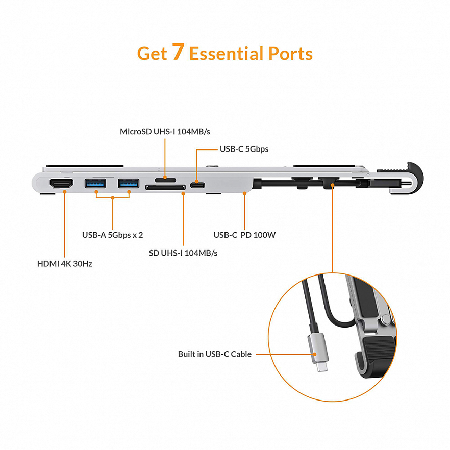 Мульти хаб с функцией подставки для ноутбука HyperDrive 7-in-1 USB-C Hub Stand серебристый (HD71HS) 