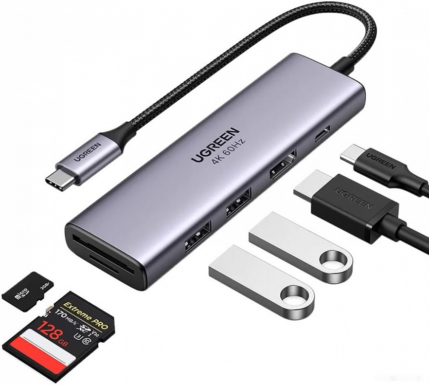 Мульти Хаб Ugreen CM511 (60384) USB-C Multifunction Adapter with PD Charging Серый космос