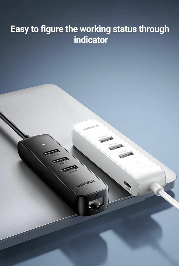 Адаптер UGREEN CM416 (20983) USB 2.0 to 3×USB 2.0+RJ45 (100Mbps) Ethernet Adapter белый