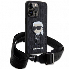 Lagerfeld для iPhone 15 Pro Max чехол Crossbody PU Saffiano Monogram NFT Karl Ikonik +Strap Hard Blk
