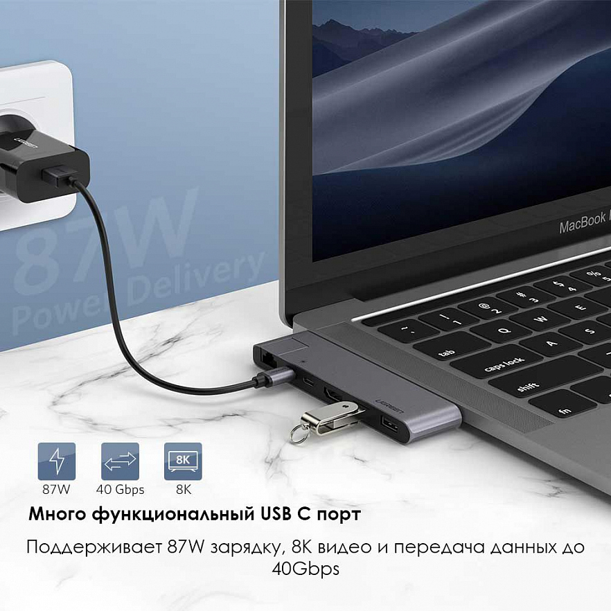 Мульти Хаб Ugreen CM218 (50984) Dual USB-C 6-in-1 Multifunctional Converter серый