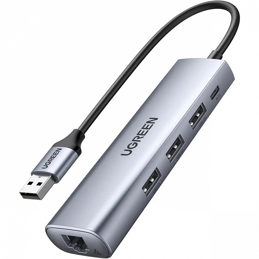Мульти Хаб UGREEN CM266 (60812) USB 3.0 Multifunction Adapter (3×USB 3.0 Hub+RJ45 Ethernet+micro-USB) серый