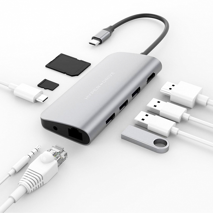 Мульти хаб HyperDrive POWER 9-in-1 USB-C Hub серебристый (HD30F-SILVER)
