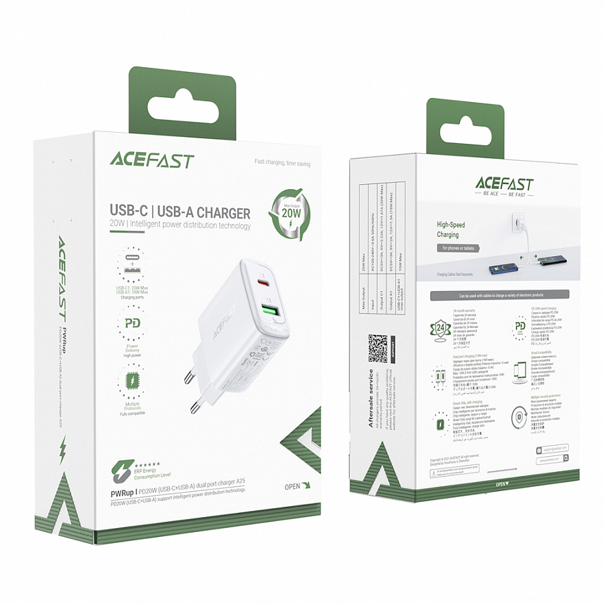 Сетевое зарядное устройство Acefast A25 USB Type-C / USB 20W Wall Charger белое (AF-A25-WH) 