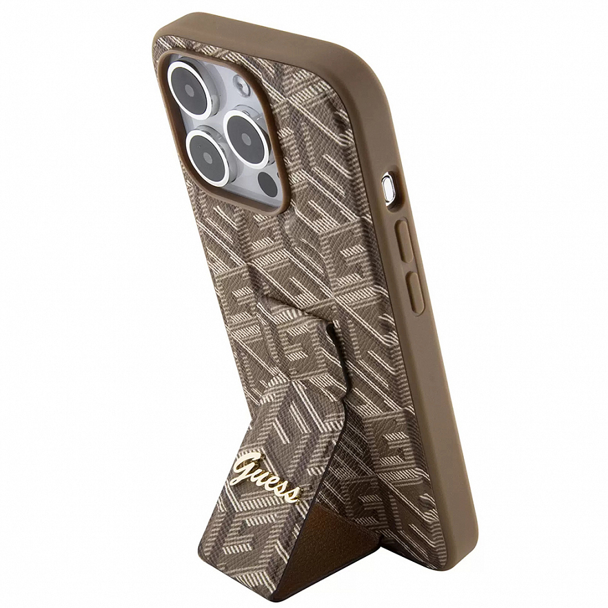 Чехол CG Mobile Guess Grip Stand PU G CUBE Metal Logo для iPhone 15 Pro Max коричневый