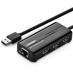 Адаптер UGREEN (20264) USB 2.0 10/100Mbps Network Adapter + 3-портовый USB-A чёрный