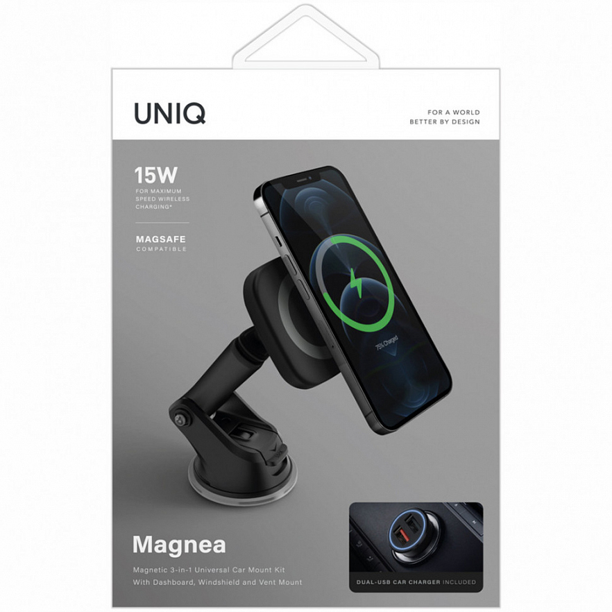 Магнитный держатель Uniq Magnea Magnetic wireless 15W с беспроводной зарядкой + АЗУ All-in-one серый (Grey)