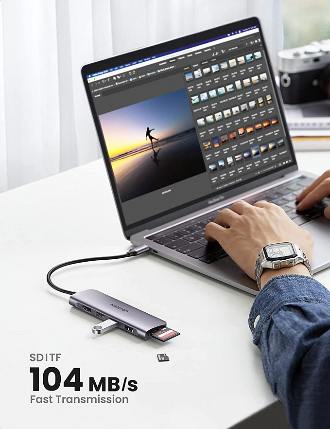 Мульти Хаб Ugreen CM195 (70410) USB-C to 3 Ports USB3.0-A Hub + HDMI + TF/SD Серый космос