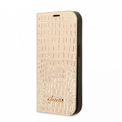 Чехол CG Mobile Guess Croco w Metal logo Booktype для iPhone 14 Pro  золотого цвета