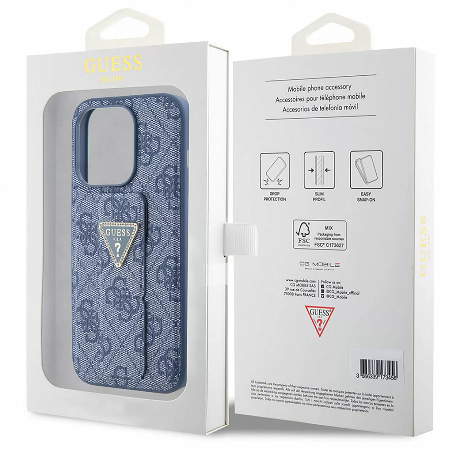 Чехол CG Mobile Guess Grip Stand PU 4G Triangle Diamond Metal Logo для iPhone 15 Pro Max синий