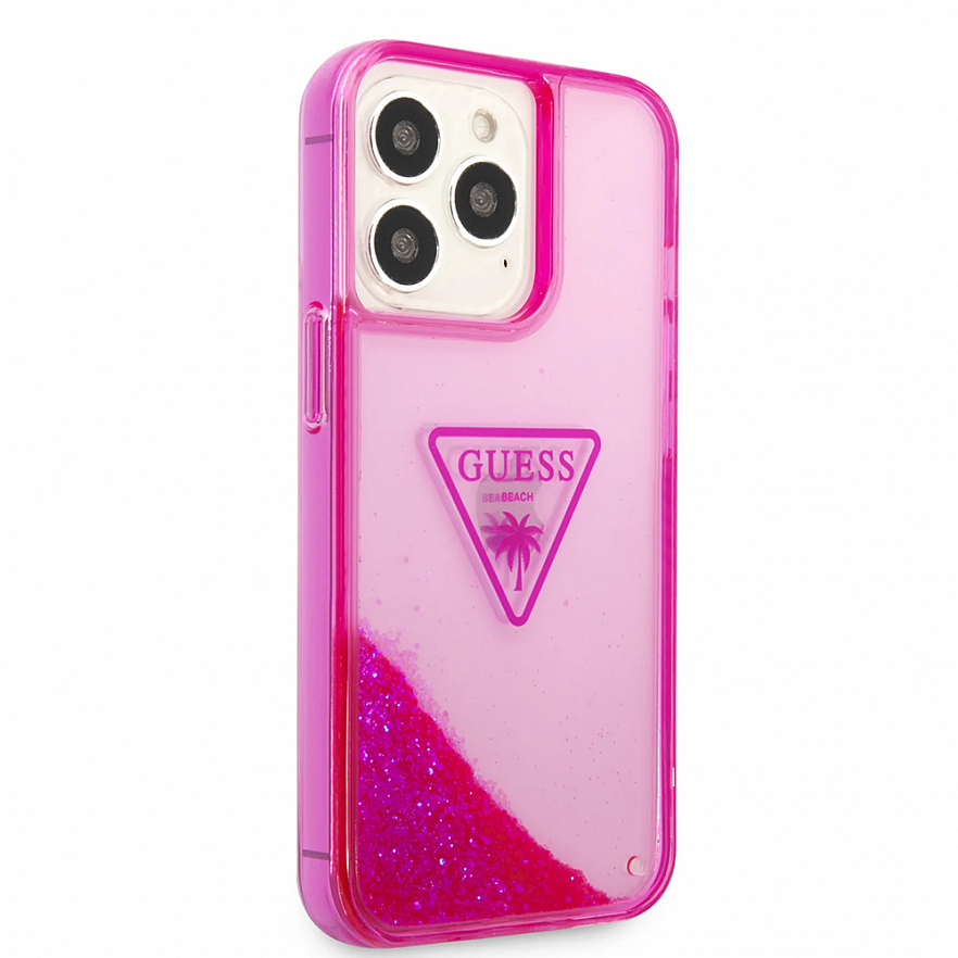 Чехол CG Mobile Guess Liquid Glitter Triangle Logo Translucent Hard для iPhone 14 Pro Max розовая фуксия