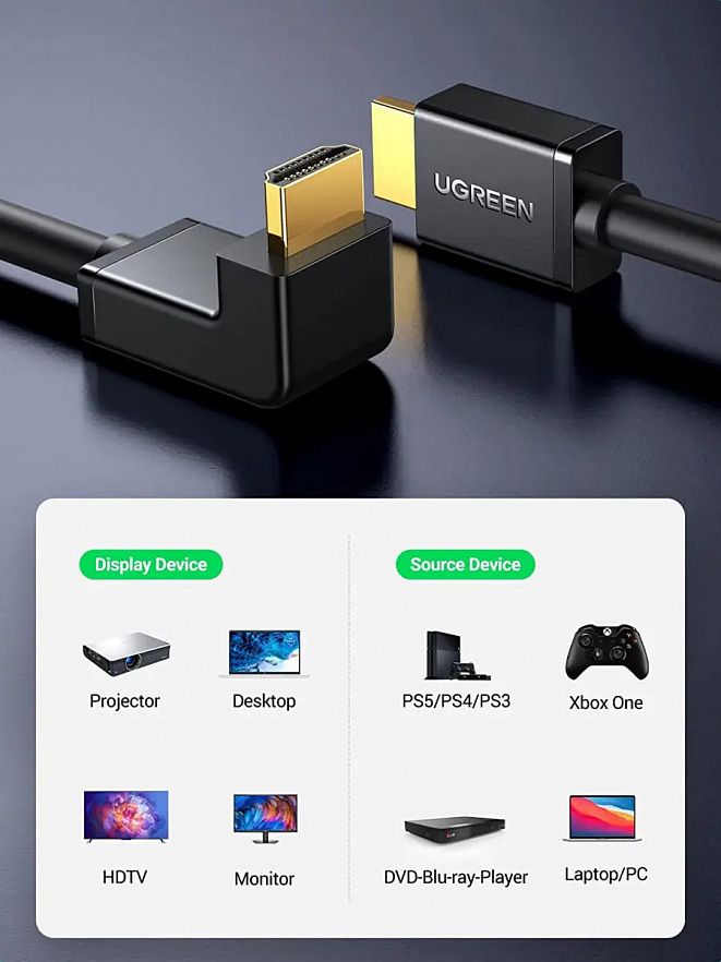 Кабель угловой UGREEN HD103 (10172) HDMI Cable Right Angle 90 Degree (1 метр) чёрный