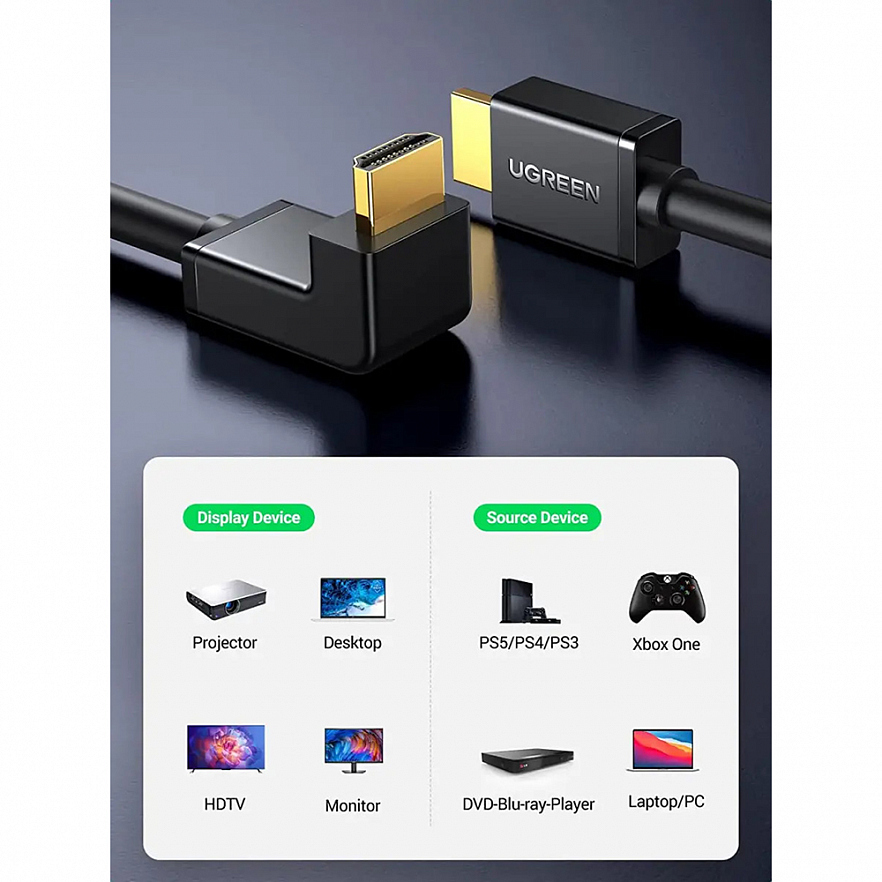 Кабель Ugreen HD103 HDMI Cable Right Angle 90 Degree (2 метра) чёрный (10173)