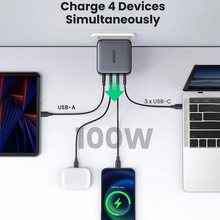 Сетевое зарядное устройство UGREEN CD226 (90575) USB-A+3*USB-C 100W GaN Fast Charger Чёрное с кабелем 100W