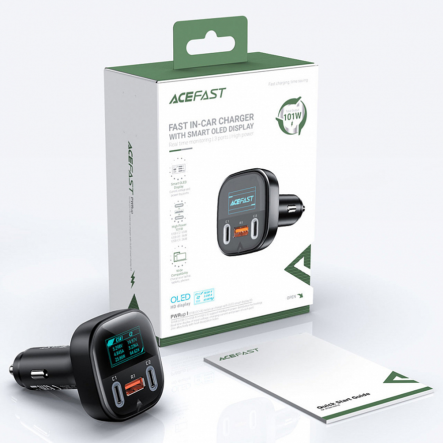 Автомобильное зарядное устройство Acefast B5 101W 2 x USB-C + USB-A Car Charger с OLED дисплеем (AF-B5-BK)
