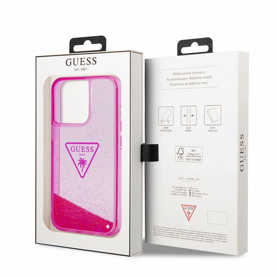 Чехол CG Mobile Guess Liquid Glitter Triangle Logo Translucent Hard для iPhone 14 Pro Max розовая фуксия