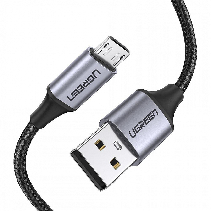 Кабель UGREEN US290 (60146) USB-A 2.0 to Micro-USB Cable Nickel Plating Alu Braid (1 метр) чёрный/серый