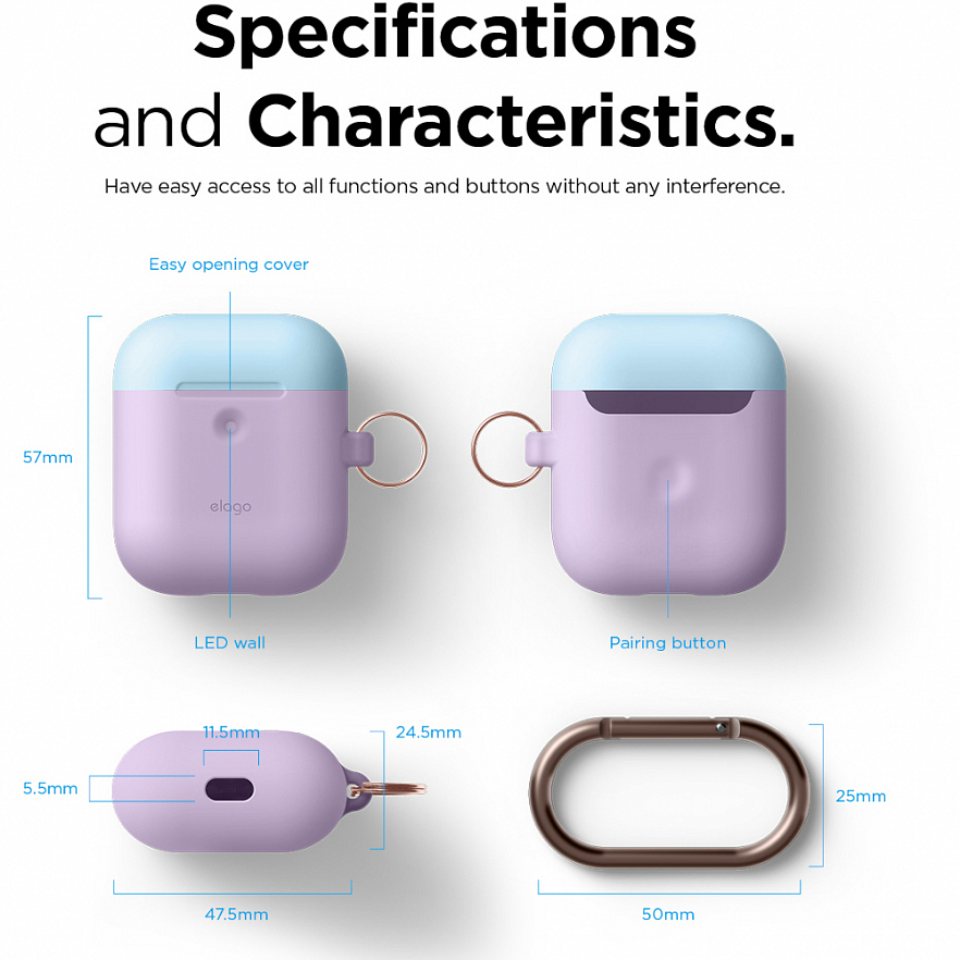 Чехол Elago A2 Wireless Silicone Duo Hang Case для AirPods 2Gn фиолетовый Lavender (голубая Pastel Blue/розовая крышки)