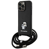 Lagerfeld для iPhone 15 Pro Max чехол Crossbody PU Saffiano NFT Karl & Choupette Metal Hard Black