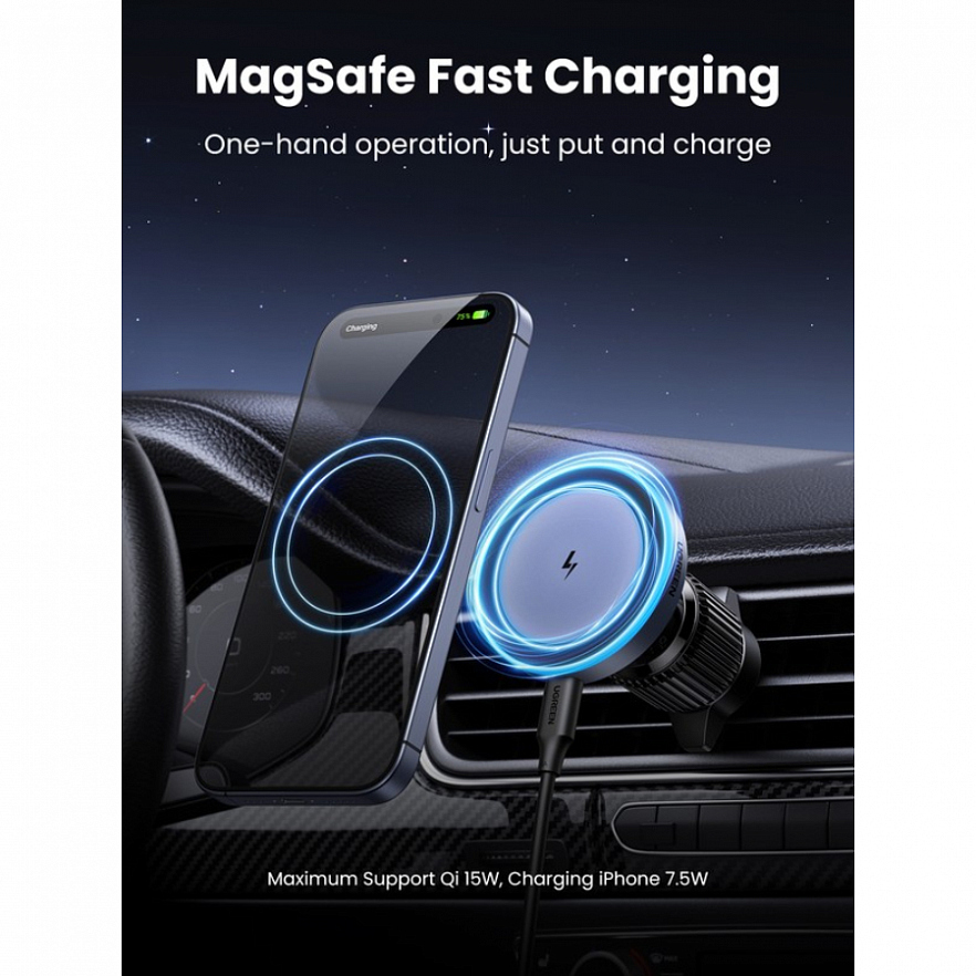 Автодержатель с зарядкой в вентиляционную решетку UGREEN W525 (35029) магнитная черная
