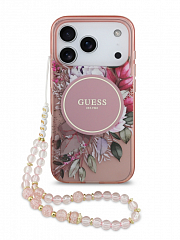 Чехол Guess IML Flowers для iPhone 17 Pro с ремешком розовый (MagSafe)