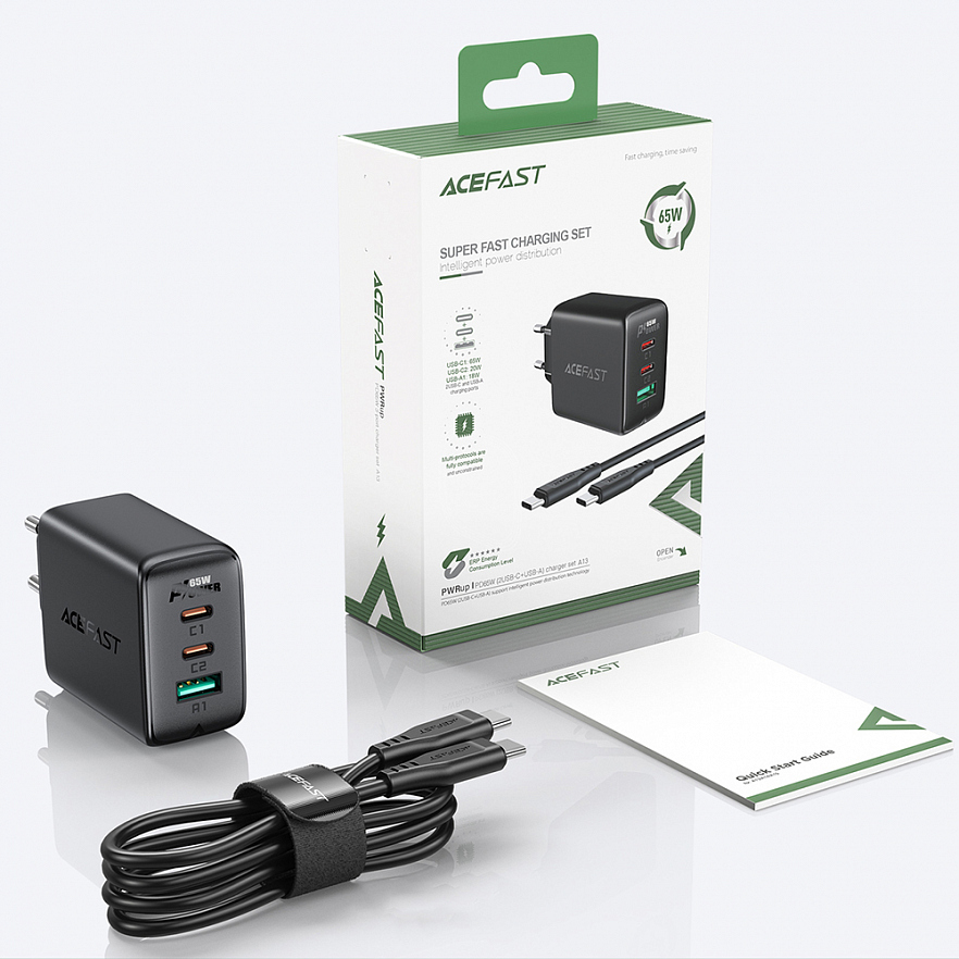 Сетевое зарядное устройство Acefast A13 65W 2 x USB-C + 1 x USB-A с кабелем USB-C чёрное (AF-A13-BK)