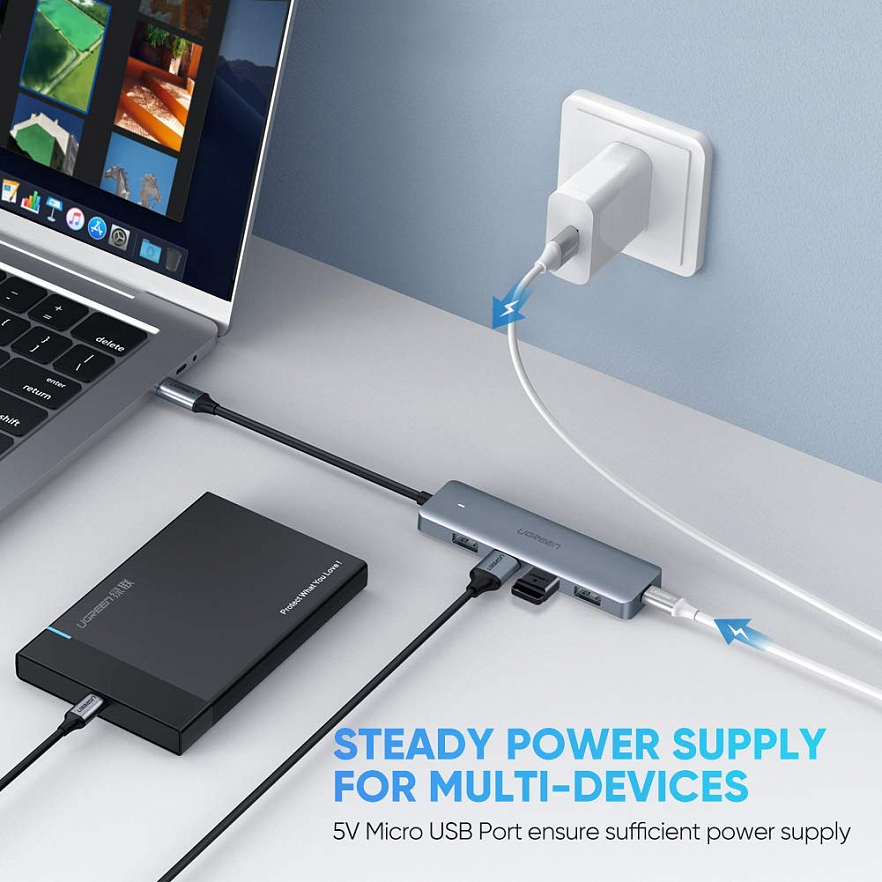 Хаб UGREEN CM219 (70336) 4-Port USB3.0 Hub with USB-C Power Supply серый