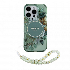Чехол CG Mobile Guess для iPhone 16 Pro Max PC/TPU Flowers Hard + Pearl Hand Strap Green (MagSafe)