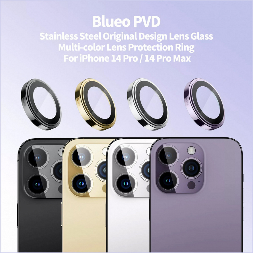 Защитное стекло Blueo Camera Lens PVD stainless steel для камеры iPhone 14 Pro/14 Pro Max чёрное (3 шт+install)