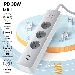 Сетевой фильтр (удлинитель) UGREEN CD286 (25357) с розетками 30W - 3 гнезда Power Strip с кнопкой, белого цвета