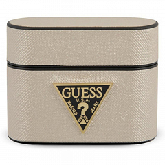 Чехол Guess Saffiano PU Leather Case Metal Logo для AirPods Pro бежевый