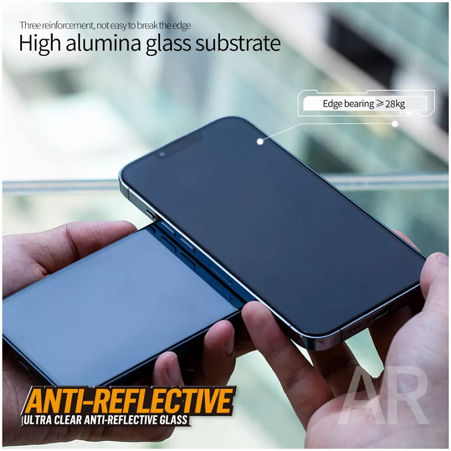 Защитное стекло Blueo 3D AR Anti-reflective (+install) 0.4 мм для iPhone 14 Pro ультра-прозрачное с чёрной рамкой