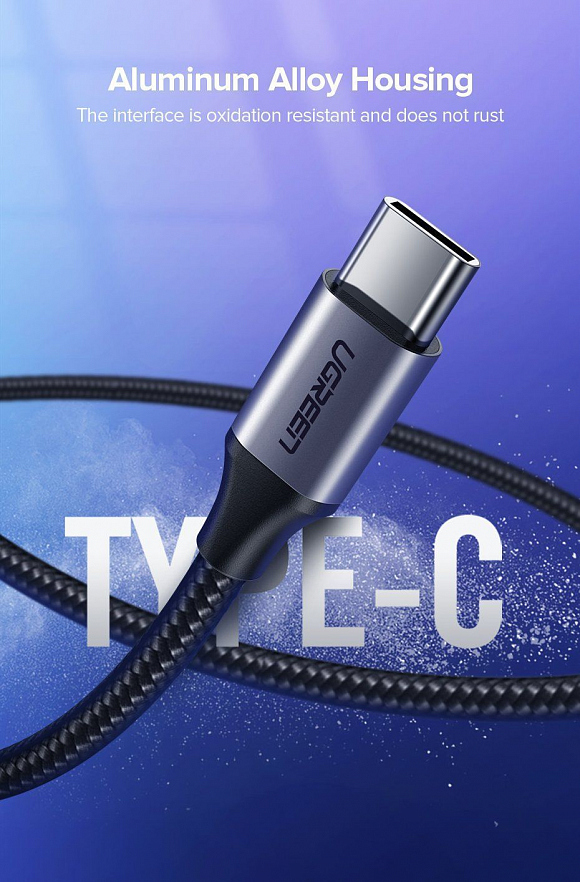 Кабель UGREEN US288 (60408) USB-A 2.0 to USB-C Cable Nickel Plating Aluminum Nylon Braid (3 метра) чёрный/серый космос