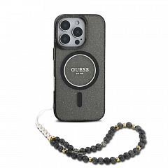Чехол CG Mobile Guess для iPhone 16 Pro Max PC/TPU Glitter Hard + Pearl Hand Strap Black (MagSafe)