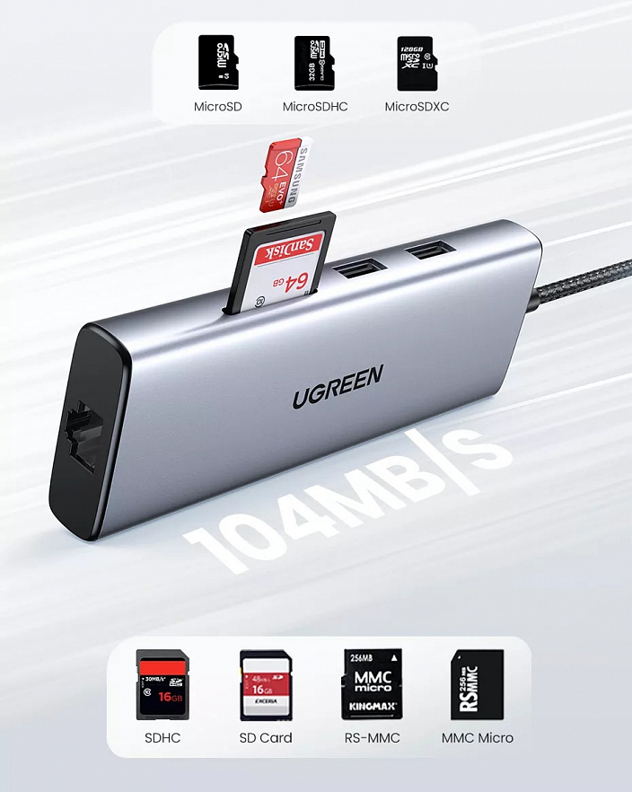 Мульти Хаб Ugreen CM512 (20954) USB-C to 2xUSB-A 3.0+HDMI+RJ45+SD/TF Converter серый