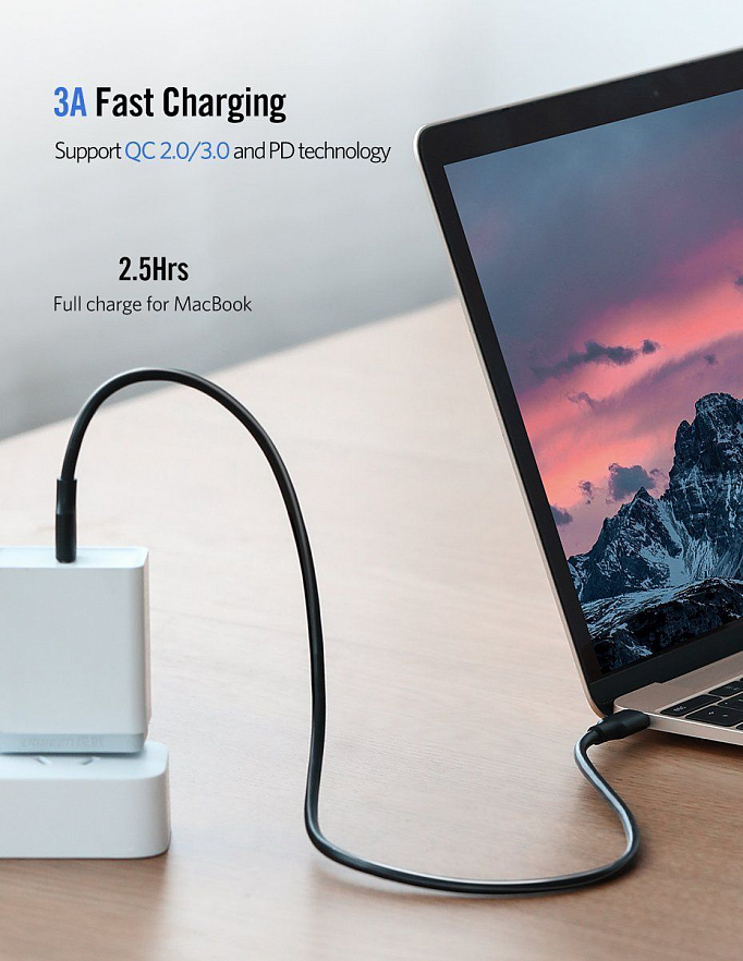Кабель UGREEN US286 (60788) USB-C 2.0 Male To USB-C 2.0 Male 3A Data Cable (3 метра) чёрный