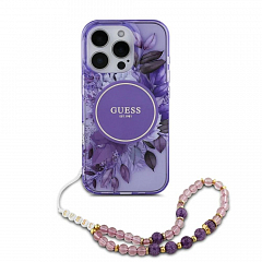 Чехол CG Mobile Guess для iPhone 16 Pro Max PC/TPU Flowers Hard + Pearl Hand Strap Puple (MagSafe)