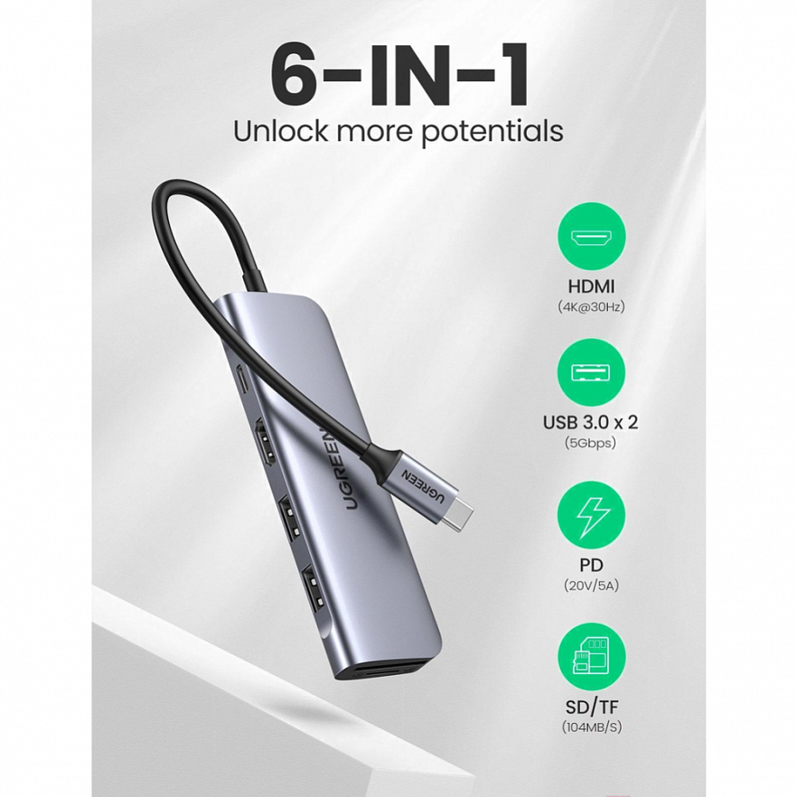 Мульти Хаб UGREEN CM195 (70411) USB-C to 2 Ports USB3.0-A Hub + HDMI + TF/SD with PD Power Supply серый космос