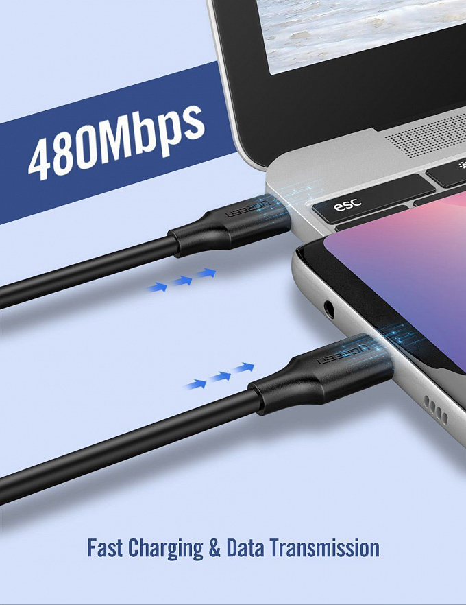 Кабель UGREEN US286 (10306) USB-C 2.0 Male To USB-C 2.0 Male 3A Data Cable (2 метра) чёрный