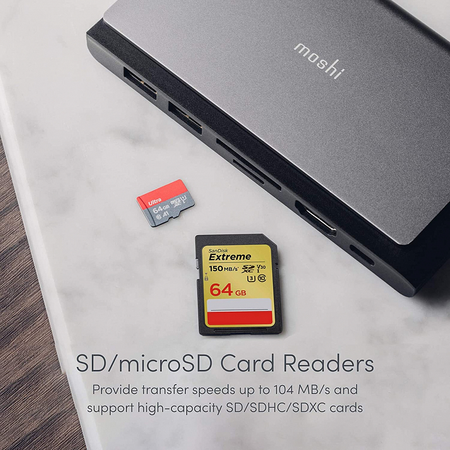 Портативный USB-хаб Moshi Symbus Mini 7-in-1 (USB-C PD, HDMI, USB-A 3.1, Gigabit Ethernet, SD/microSD) серый космос