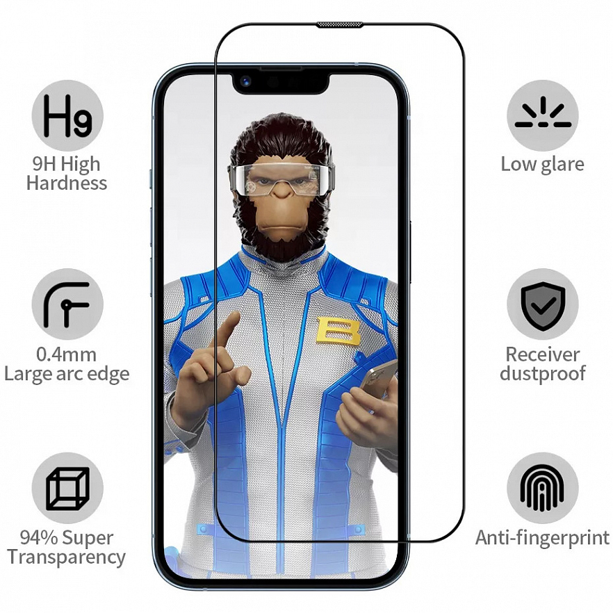 Защитное стекло Blueo 3D AR Anti-reflective (+install) 0.4 мм для iPhone 14 Pro ультра-прозрачное с чёрной рамкой