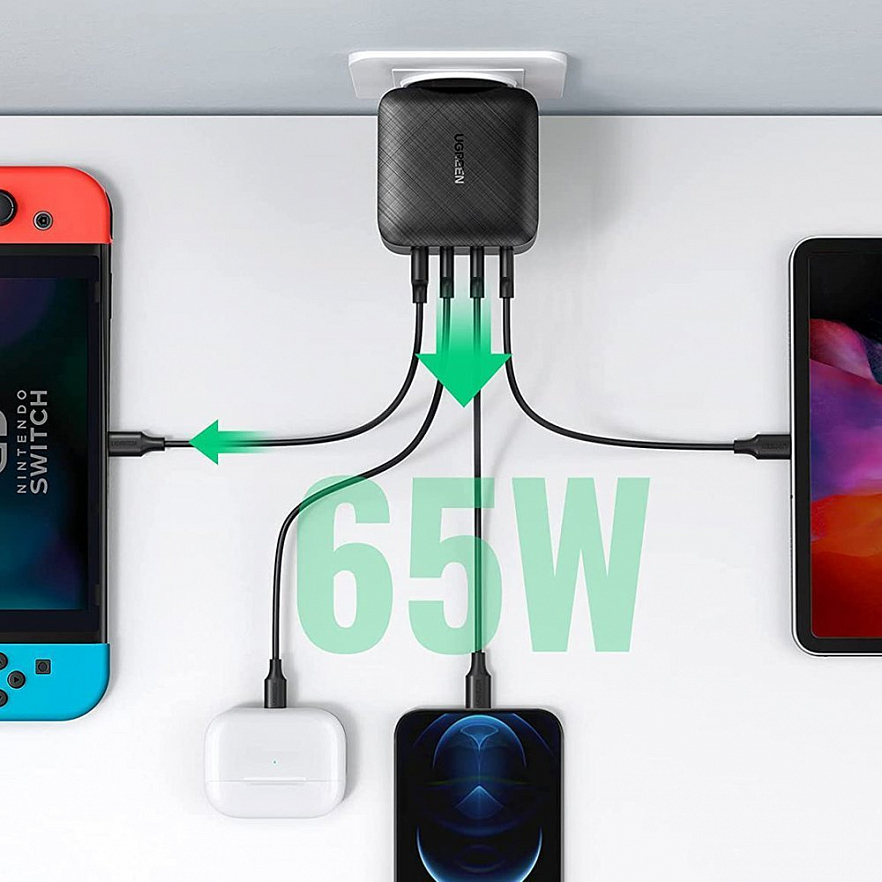 Сетевое зарядное устройство UGREEN CD224 65W USB + 3 x Type-C PD GaN Charger чёрное (70774)